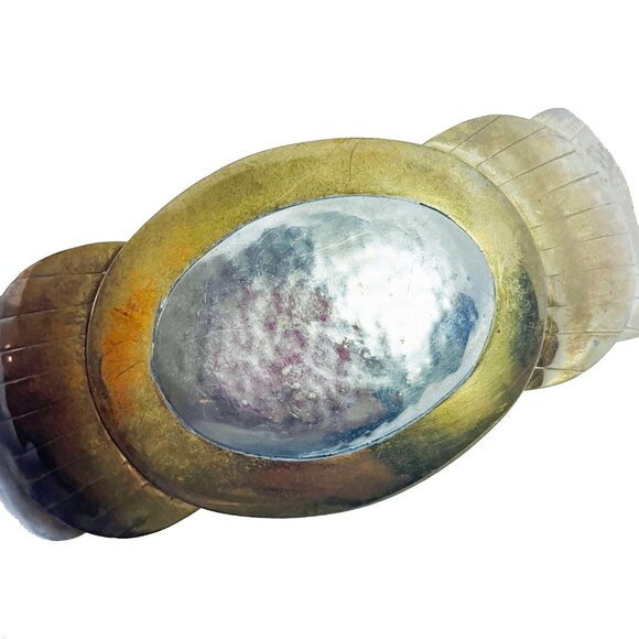 Russ Mai Design Belt Buckle Tribal Hammered Silver Etched Brass Metal Vintage - Picture 3 of 6